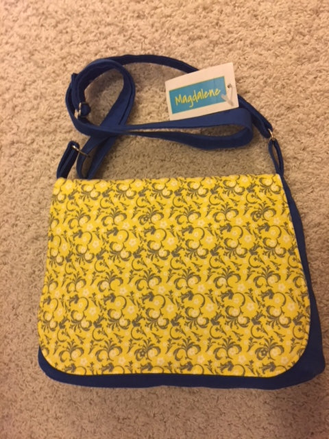 Messenger Bag: Blue with yellow patterned flap